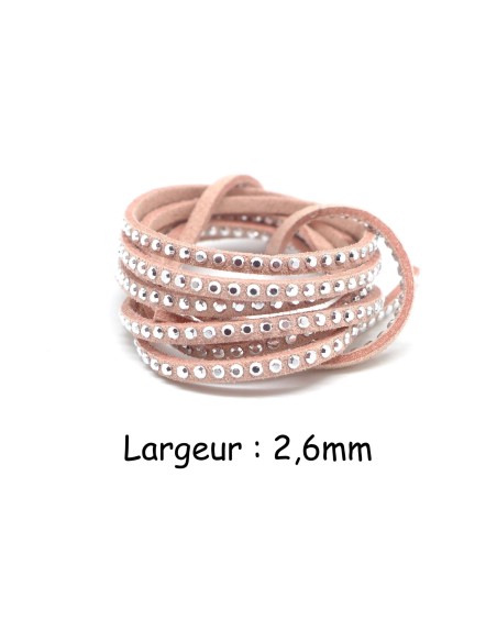 Cordon suédine fin avec strass argenté vieux rose pâle Aspect daim