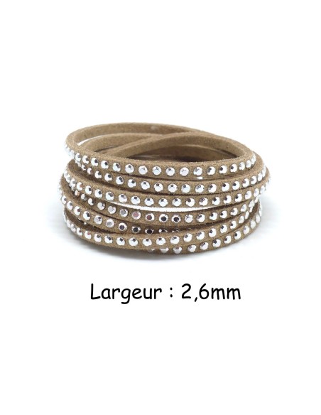 Lanière suédine beige avec strass argenté - aspect daim