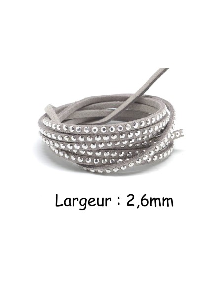 Lanière suédine gris clair avec strass argenté - aspect daim