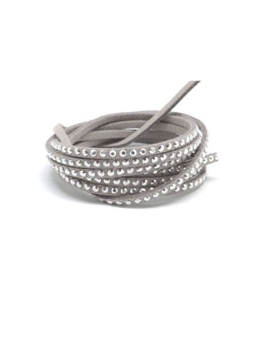 Cordon suédine gris clair avec strass argenté - aspect daim