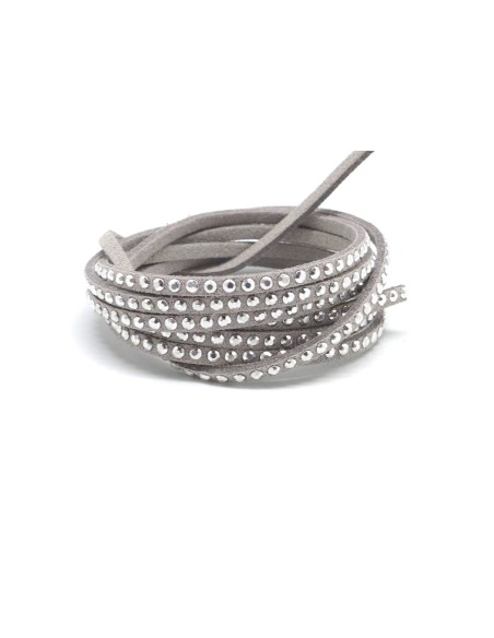 Cordon suédine gris clair avec strass argenté - aspect daim