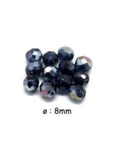 Perle a facette en verre 8mm bleu foncé irisé violet avec reflet