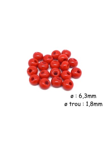 Perle ronde 6mm, trou décentré de couleur rouge
