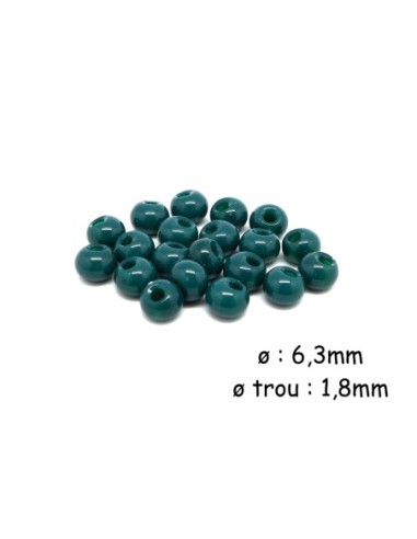 Perle ronde 6mm, trou décentré de couleur bleu vert paon