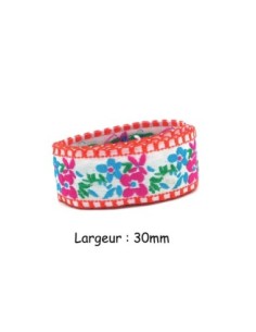 Galon motif fleur rose fuchsia, bleu, vert et rouge largeur 30mm