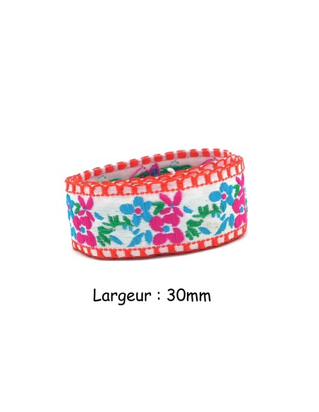 Galon motif fleur rose fuchsia, bleu, vert et rouge largeur 30mm