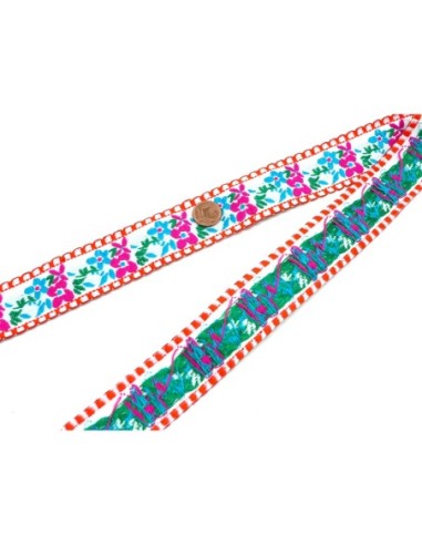 Large Ruban motif fleur rose fuchsia, bleu, vert et rouge largeur 30mm