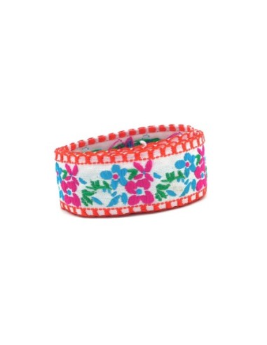 Large ruban de 30mm motif fleur rose fuchsia, bleu, vert et rouge