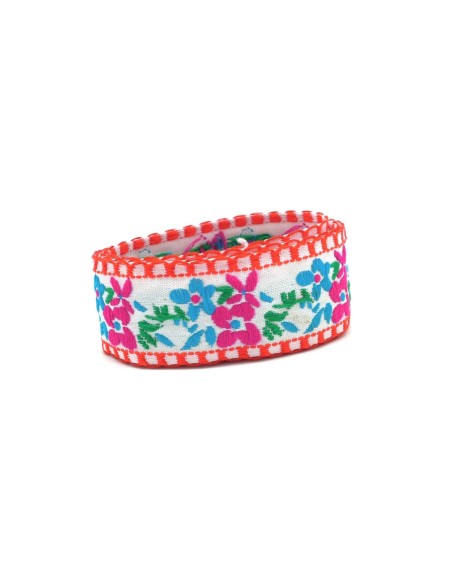 Large ruban de 30mm motif fleur rose fuchsia, bleu, vert et rouge