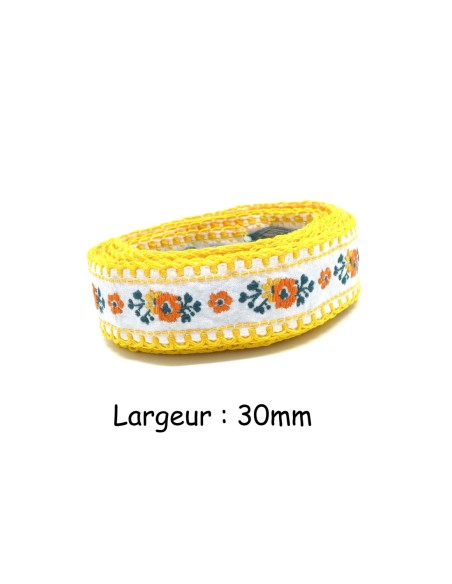 Large Galon motif fleur orange, blanc, vert et jaune largeur 30mm