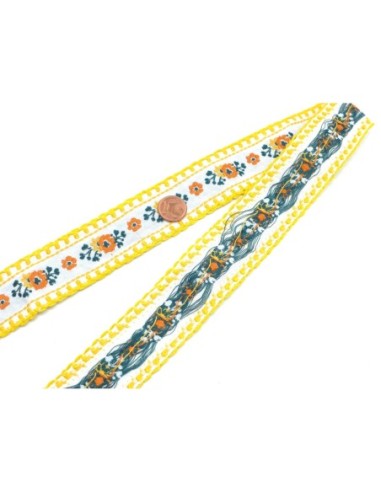 Ruban de 30mm motif fleur orange, blanc, vert et jaune