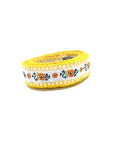 Ruban large motif fleur orange, blanc, vert et jaune largeur 30mm