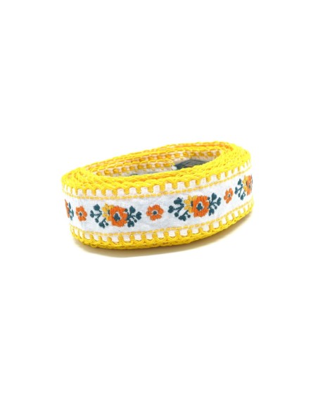 Ruban large motif fleur orange, blanc, vert et jaune largeur 30mm