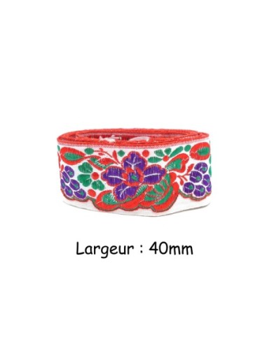 Large galon motif fleur violet, rouge et vert largeur 40mm
