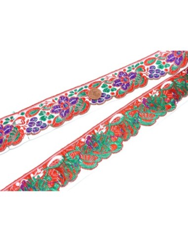 Large ruban motif fleur violet, rouge et vert largeur 40mm