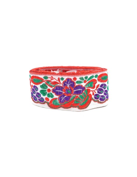 Ruban de 40mm motif fleur violet, rouge et vert