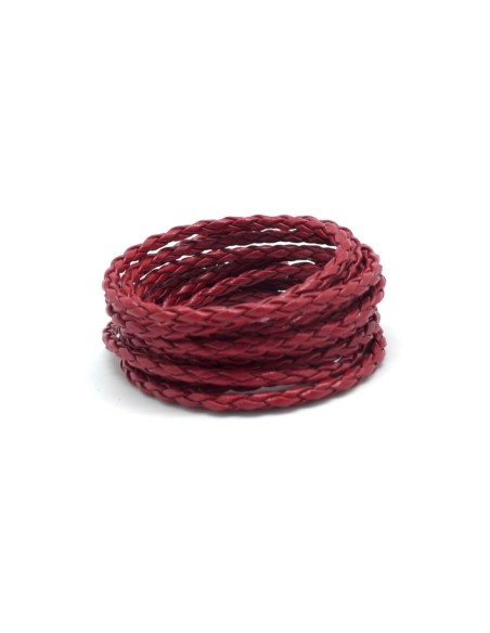 Cordon rond tressé 3mm en cuir synthétique rouge bordeaux