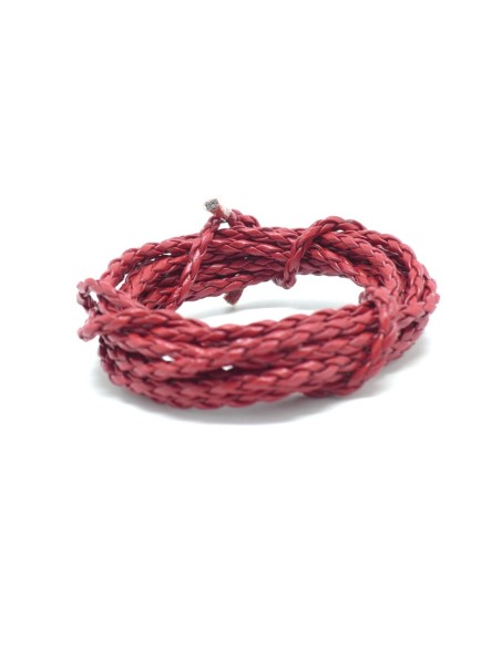 Cordon rond tressé 3mm en cuir synthétique de couleur rouge bordeaux