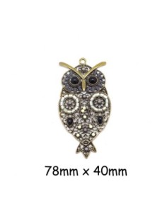 Pendentif hibou, chouette gris, beige écru et métal doré