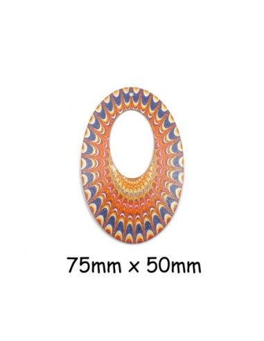 Pendentif ovale en bois style mandala ethnique multicolore orange, rouge et bleu