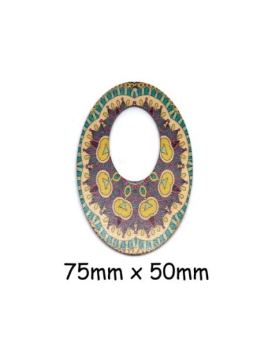 Pendentif ovale en bois style mandala ethnique rose, jaune, vert turquoise