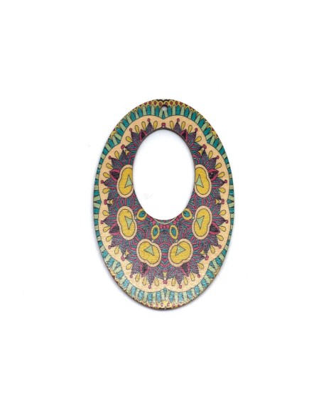 2 Pendentifs ovale en bois style mandala ethnique rose, jaune, vert turquoise