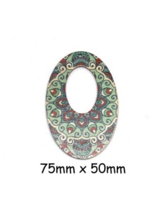Pendentif ovale en bois style retro vert d'eau, rouge et écru