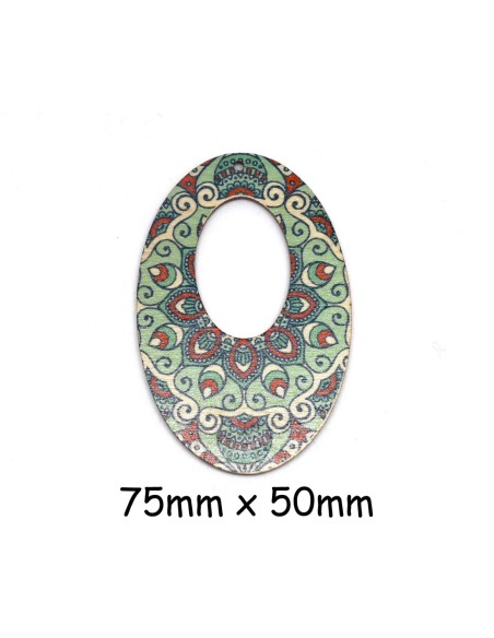 Pendentif ovale en bois style retro vert d'eau, rouge et écru