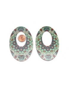 Pendentif ovale en bois style retro vert d'eau, rouge et écru 2