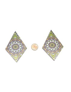 Pendentif losange en bois style années 60 , rétro, vintage vert anis, beige et ocre 2