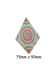 Pendentif en bois losange style mandala, orange, vert turquoise et beige