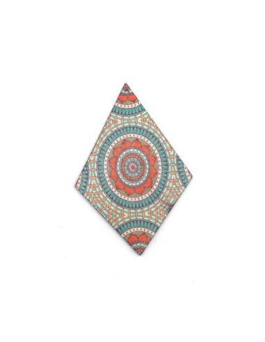 Grand pendentif en bois losange style mandala, orange, vert turquoise et beige