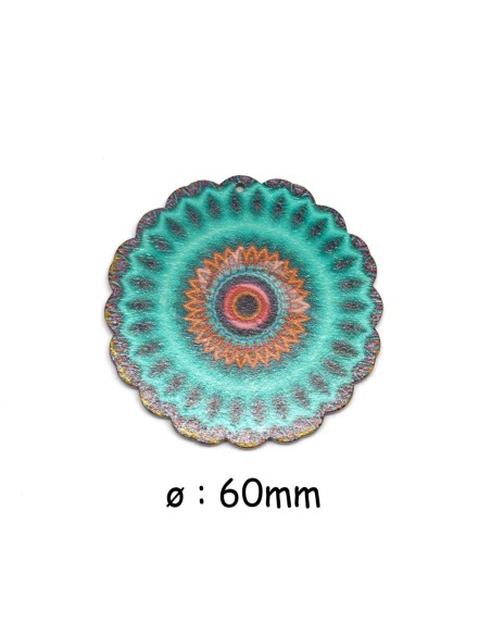 Pendentif en bois rosace mandala vert turquoise, orange et rose