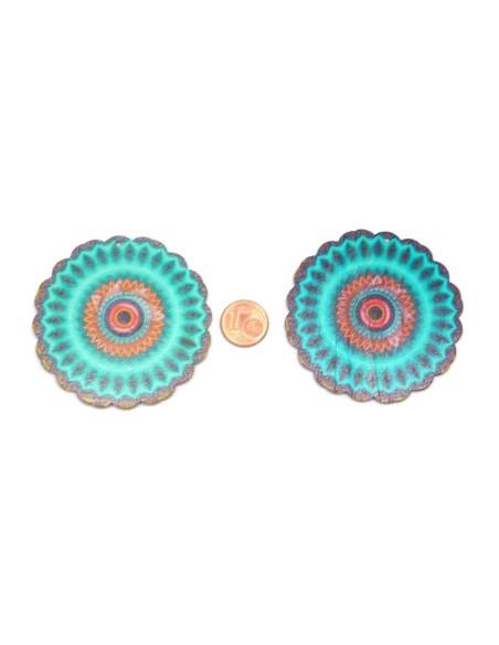Grand pendentif en bois rosace mandala vert turquoise, orange et rose