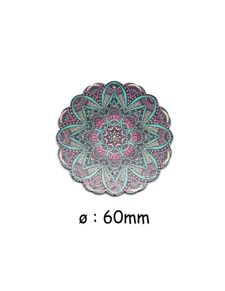 Pendentif bois rosace mandala violet et bleu turquoise