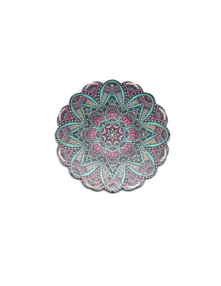 Grand pendentif bois rosace mandala violet et bleu turquoise