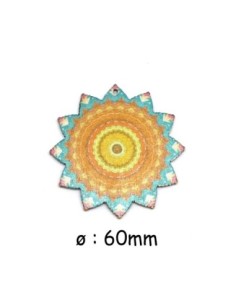 Pendentif bois soleil mandala orange, bleu turquoise