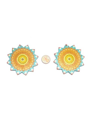 Grand pendentif bois soleil mandala orange, bleu turquoise
