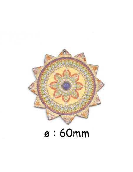 Grand pendentif bois soleil mandala marron, orange, beige