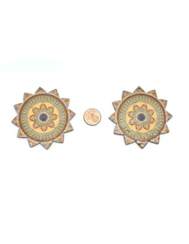 Pendentif bois soleil mandala marron, orange, beige