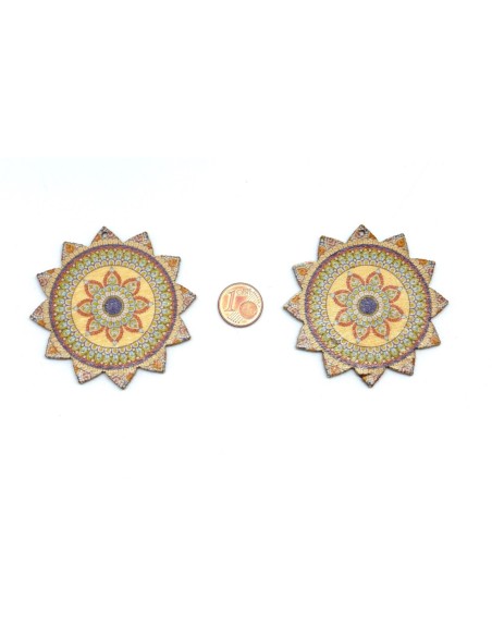 Pendentif bois soleil mandala marron, orange, beige