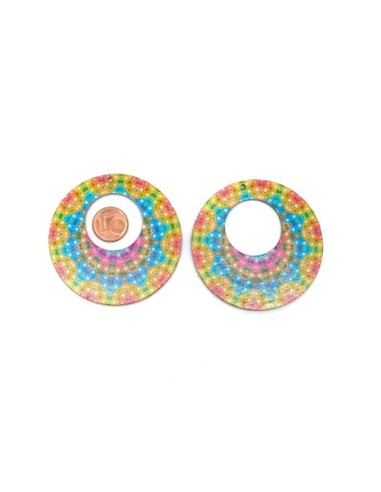 Grand pendentif bois, créole rondes motif mandala multicolore mosaïque
