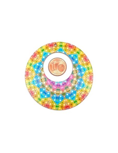 Pendentif créole bois, ronde évidé motif mandala multicolore mosaïque