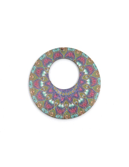 Grand pendentif bois rond motif mandala violet, rose , bleu turquoise