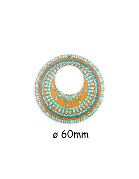 Pendentif créole bois, rondes motif mandala orange et vert