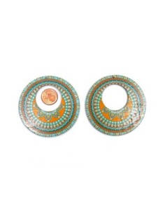 Pendentif créole bois, rondes motif mandala orange et vert 2