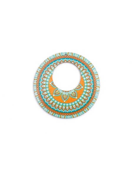 Grand pendentif bois créole, ronde motif mandala orange et vert