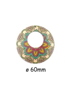 Pendentif créole bois, rondes motif mandala fleur rose et bleu turquoise