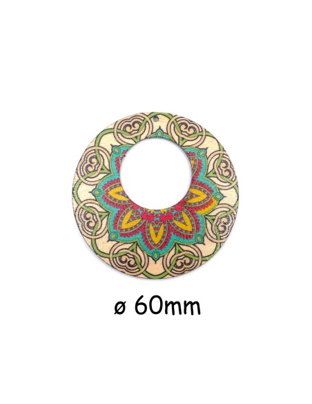 Pendentif créole bois, rondes motif mandala fleur rose et bleu turquoise