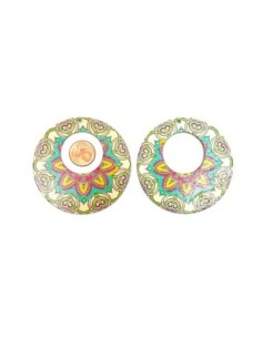 Pendentif créole bois, rondes motif mandala fleur rose et bleu turquoise 2